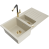 Mexen Matias žulový dřez 1,5-komorový s odkapávačem a kuchyňskou baterií Flora, béžový - 6502-69-670401-57-G