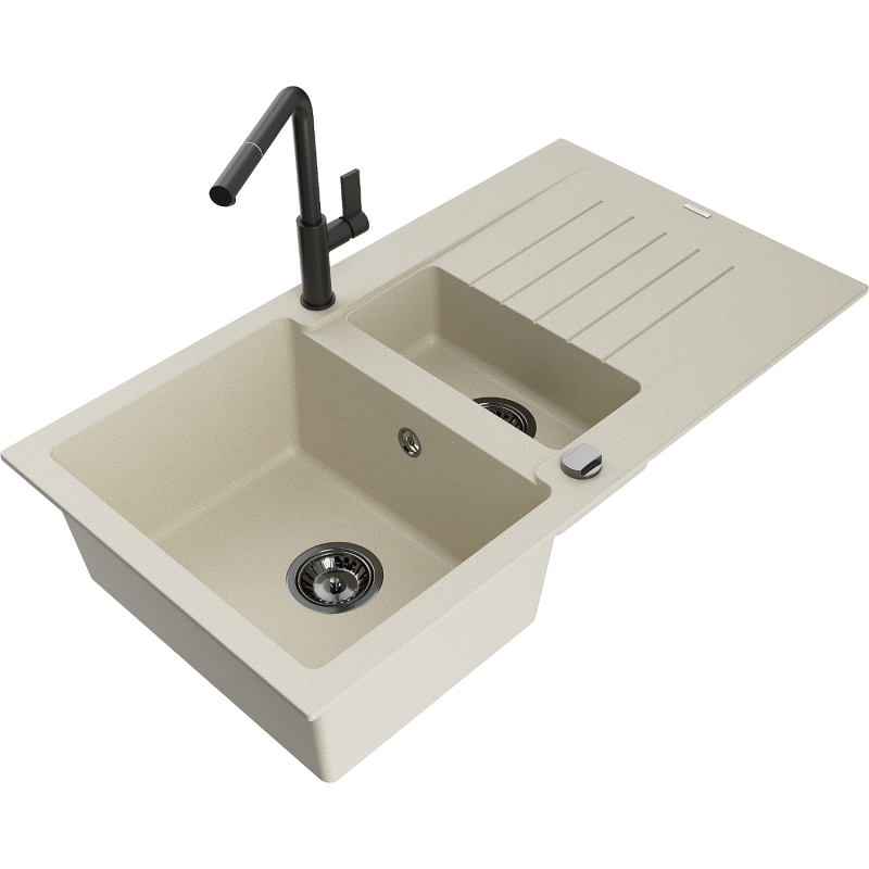 Mexen Matias žulový dřez 1,5 komorový s odkapávačem a kuchyňskou baterií Flora, béžový - 6502-69-670401-70-B
