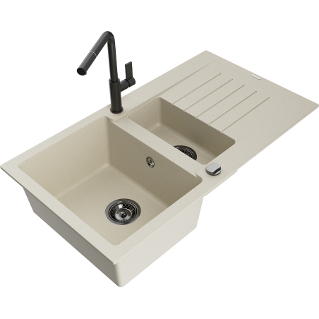 Mexen Matias žulový dřez 1,5 komorový s odkapávačem a kuchyňskou baterií Flora, béžový - 6502-69-670401-70-B