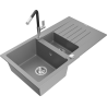 Mexen Matias granitový dřez 1,5-komorový s odkapávačem a kuchyňskou baterií Flora, šedý - 6502-71-670401-07