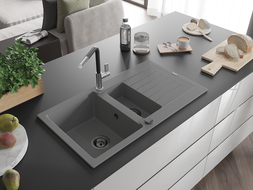 Mexen Matias granitový dřez 1,5-komorový s odkapávačem a kuchyňskou baterií Flora, šedý - 6502-71-670401-07-B