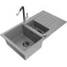 Mexen Matias granitový dřez 1,5-komorový s odkapávačem a kuchyňskou baterií Flora, šedý - 6502-71-670401-07-B
