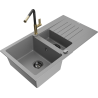 Mexen Matias dřez z umělého kamene 1,5-komorový s odkapávačem a kuchyňskou baterií Flora, šedý - 6502-71-670401-57-B