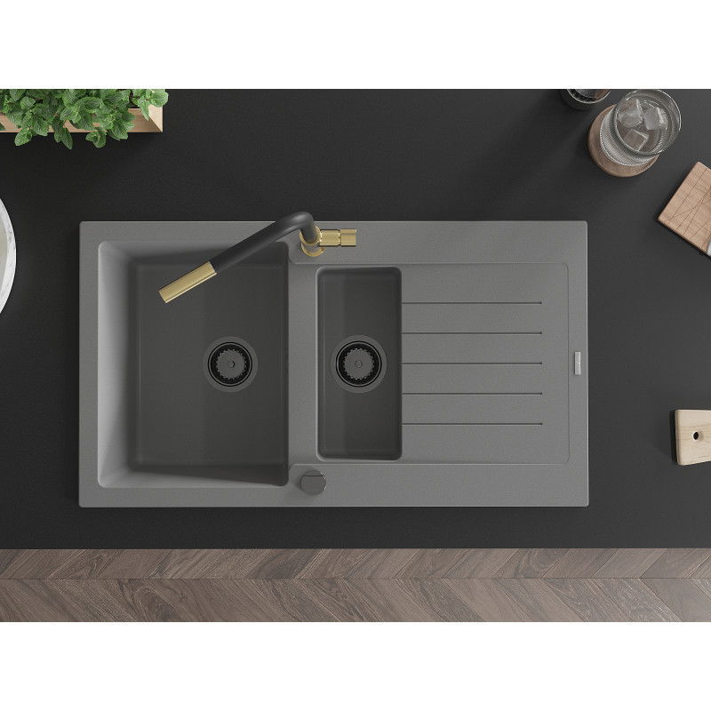 Mexen Matias dřez z umělého kamene 1,5-komorový s odkapávačem a kuchyňskou baterií Flora, šedý - 6502-71-670401-57-B