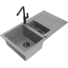 Mexen Matias granitový dřez 1,5-komorový s odkapávačem a kuchyňskou baterií Flora, šedý - 6502-71-670401-70-B