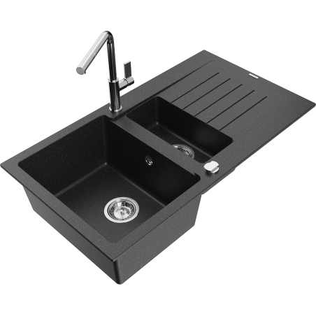 Mexen Matias granitový dřez 1,5-komorový s odkapávačem a kuchyňskou baterií Flora, černý/stříbrný - 6502-73-670401-00