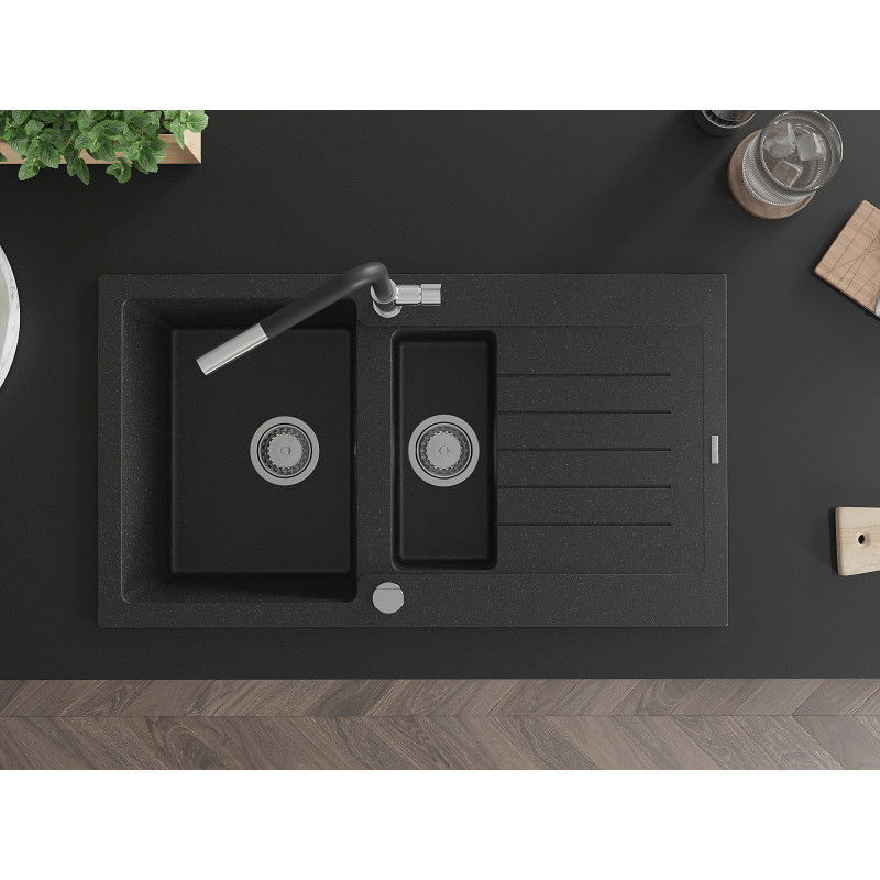 Mexen Matias žulový dřez 1,5-komorový s odkapávačem a kuchyňskou baterií Flora, černý/stříbrný - 6502-73-670401-07