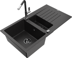 Mexen Matias granitový dřez 1,5-komorový s odkapávačem a kuchyňskou baterií Flora, černý/stříbrný