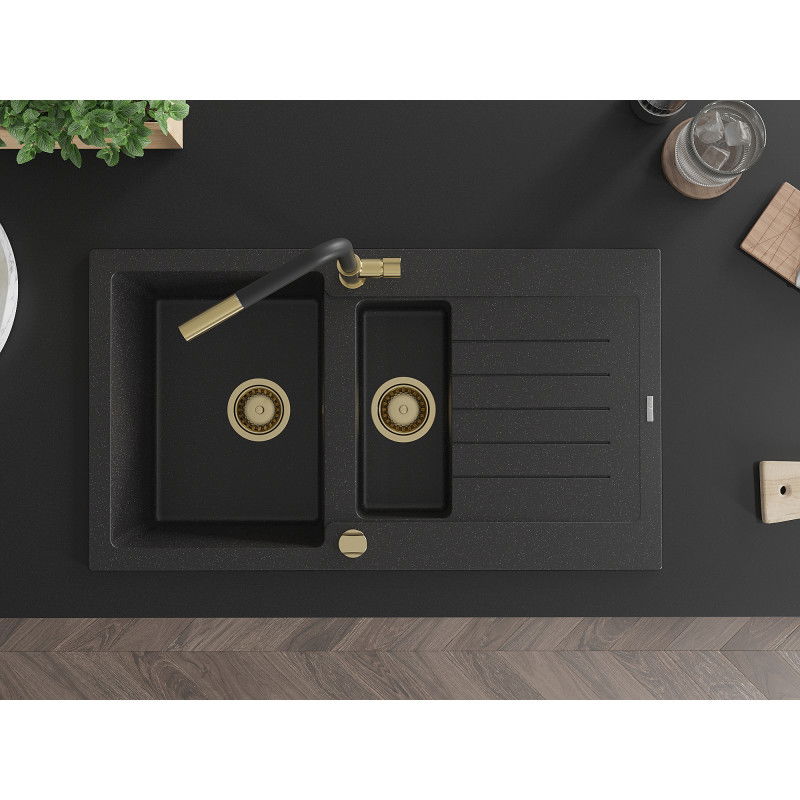 Mexen Matias granitový dřez 1,5 komorový s odkapávačem a kuchyňskou baterií Flora, černý/stříbrný - 6502-73-670401-57-G