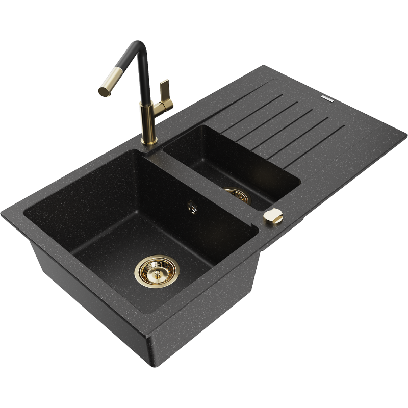 Mexen Matias granitový dřez 1,5 komorový s odkapávačem a kuchyňskou baterií Flora, černý/stříbrný - 6502-73-670401-57-G