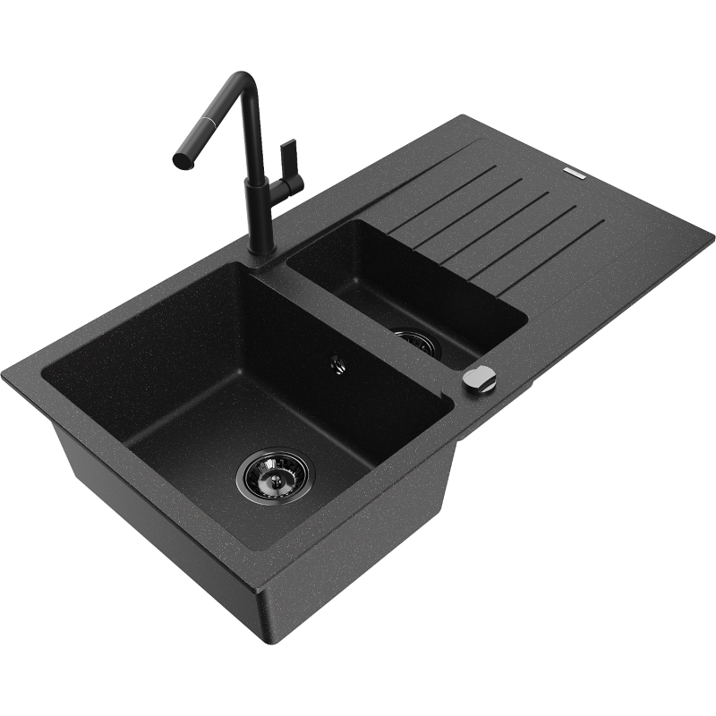 Mexen Matias granitový dřez 1,5-komorový s odkapávačem a kuchyňskou baterií Flora, černý/stříbrný - 6502-73-670401-70-B