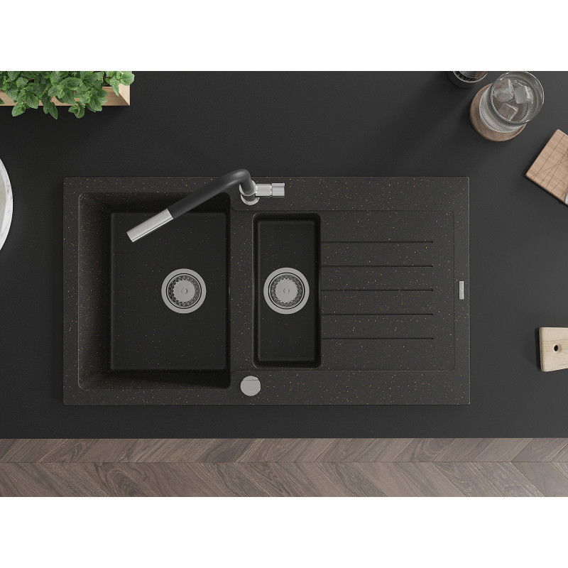 Mexen Matias dřez granitový 1,5-komorový s odkapávačem a kuchyňskou baterií Flora, černý/zlatý metalik - 6502-75-670401-07