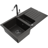 Mexen Matias granitový dřez 1,5-komorový s odkapávačem a kuchyňskou baterií Flora, černá/zlatá - 6502-75-670401-07-B