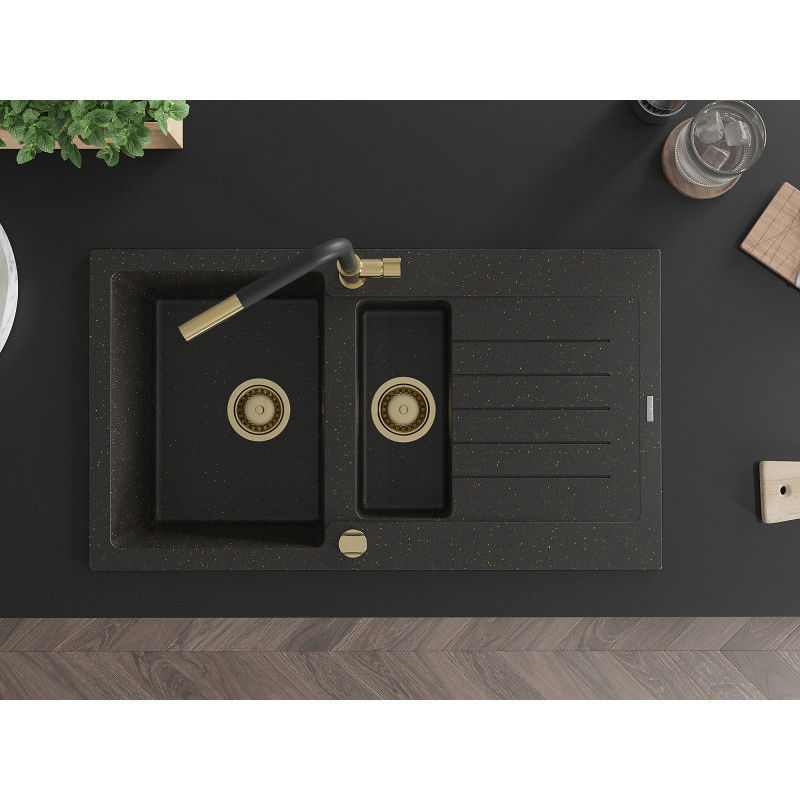 Mexen Matias granitový dřez 1,5-komorový s odkapávačem a kuchyňskou baterií Flora, černý/zlatý - 6502-75-670401-57-G