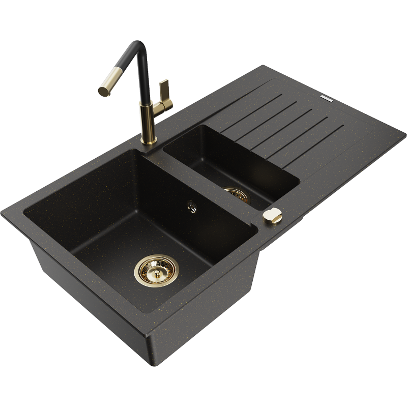 Mexen Matias granitový dřez 1,5-komorový s odkapávačem a kuchyňskou baterií Flora, černý/zlatý - 6502-75-670401-57-G