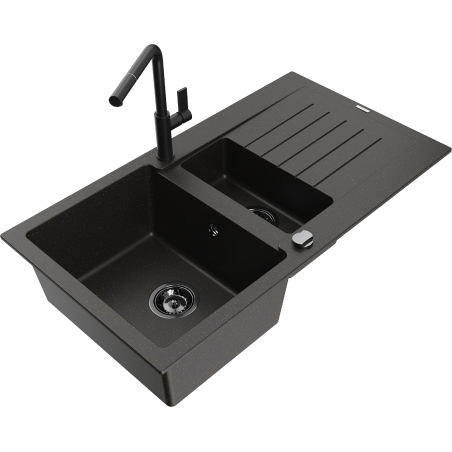 Mexen Matias žulový dřez 1,5-komorový s odkapávačem a kuchyňskou baterií Flora, černý/zlatý - 6502-75-670401-70-B