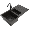 Mexen Matias žulový dřez 1,5-komorový s odkapávačem a kuchyňskou baterií Flora, černý/zlatý - 6502-75-670401-70-B