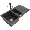 Mexen Matias granitový dřez 1,5-komorový s odkapávačem a kuchyňskou baterií Flora, černý skvrnitý - 6502-76-670401-07