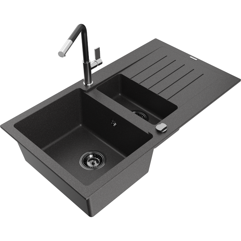 Mexen Matias žulový dřez 1,5-komorový s odkapávačem a kuchyňskou baterií Flora, černý skvrnitý - 6502-76-670401-07-B