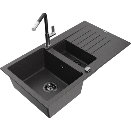 Mexen Matias žulový dřez 1,5-komorový s odkapávačem a kuchyňskou baterií Flora, černý skvrnitý - 6502-76-670401-07-B