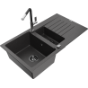 Mexen Matias žulový dřez 1,5-komorový s odkapávačem a kuchyňskou baterií Flora, černý skvrnitý - 6502-76-670401-07-B