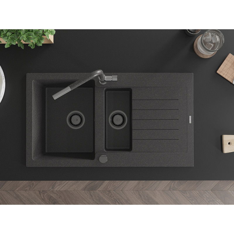 Mexen Matias granitový dřez 1,5-komorový s odkapávačem a kuchyňskou baterií Flora, černý skvrnitý - 6502-76-670401-08-B