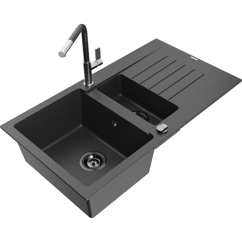 Mexen Matias granitový dřez 1,5-komorový s odkapávačem a kuchyňskou baterií Flora, černý skvrnitý - 6502-76-670401-08-B