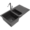 Mexen Matias granitový dřez 1,5-komorový s odkapávačem a kuchyňskou baterií Flora, černý skvrnitý - 6502-76-670401-08-B