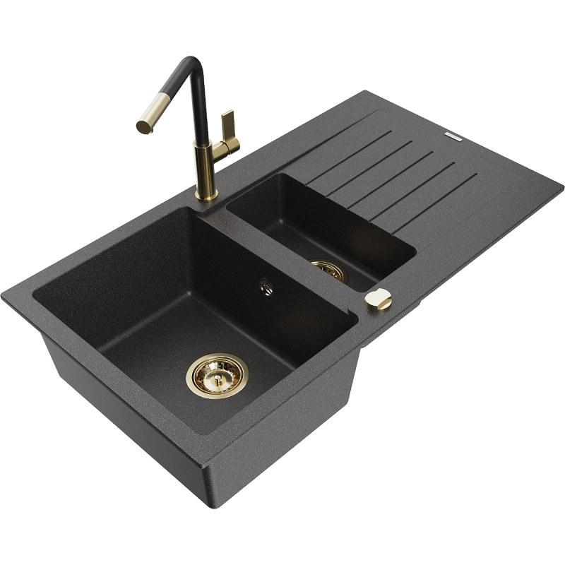 Mexen Matias kameninový dřez s 1,5 komorou a odkapávačem a kuchyňskou baterií Flora, černý skvrnitý - 6502-76-670401-57-G
