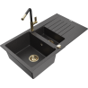 Mexen Matias kameninový dřez s 1,5 komorou a odkapávačem a kuchyňskou baterií Flora, černý skvrnitý - 6502-76-670401-57-G