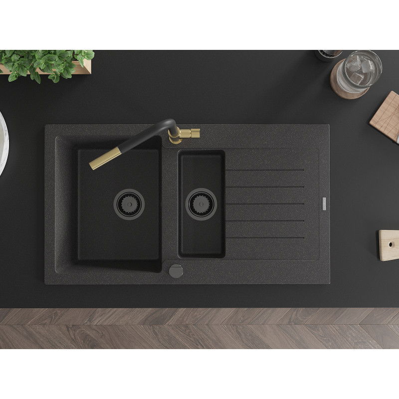 Mexen Matias žulový dřez 1,5-komorový s odkapávačem a kuchyňskou baterií Flora, černý skvrnitý - 6502-76-670401-57-B