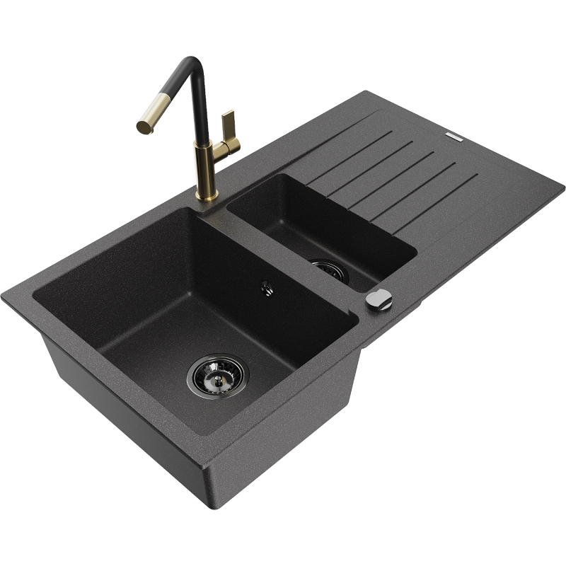 Mexen Matias žulový dřez 1,5-komorový s odkapávačem a kuchyňskou baterií Flora, černý skvrnitý - 6502-76-670401-57-B