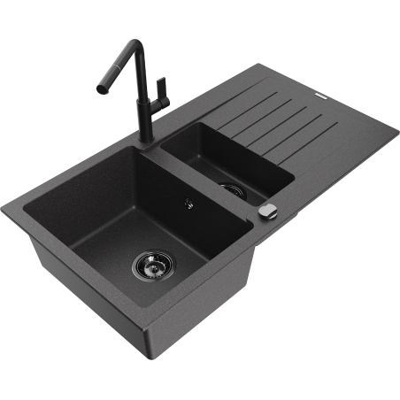 Mexen Matias granitový dřez 1,5-komorový s odkapávačem a kuchyňskou baterií Flora, černý skvrnitý - 6502-76-670401-70-B