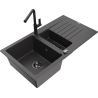 Mexen Matias granitový dřez 1,5-komorový s odkapávačem a kuchyňskou baterií Flora, černý skvrnitý - 6502-76-670401-70-B