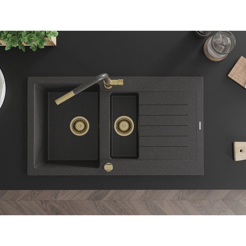Mexen Matias granitový dřez 1,5komorový s odkapávačem a kuchyňskou baterií Flora, černý flekatý - 6502-76-670401-75-G