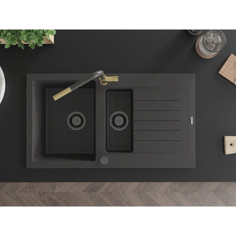 Mexen Matias žulový dřez 1,5komorový s odkapávačem a kuchyňskou baterií Flora, černý kropenatý - 6502-76-670401-75-B