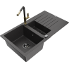 Mexen Matias žulový dřez 1,5komorový s odkapávačem a kuchyňskou baterií Flora, černý kropenatý - 6502-76-670401-75-B