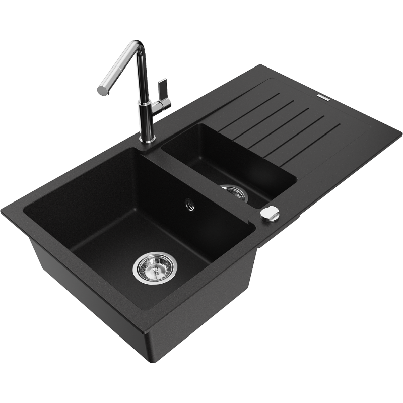 Mexen Matias granitový dřez 1,5-komorový s odkapávačem a kuchyňskou baterií Flora, černý - 6502-77-670401-00