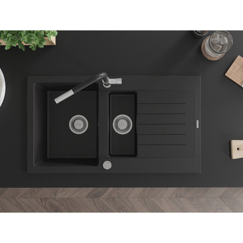 Mexen Matias granitový dřez 1,5-komorový s odkapávačem a kuchyňskou baterií Flora, černý - 6502-77-670401-07