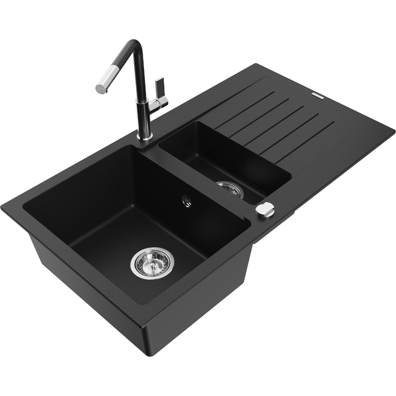Mexen Matias granitový dřez 1,5-komorový s odkapávačem a kuchyňskou baterií Flora, černý - 6502-77-670401-07