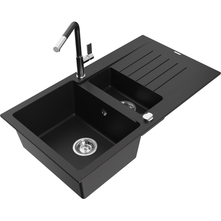 Mexen Matias granitový dřez 1,5-komorový s odkapávačem a kuchyňskou baterií Flora, černý - 6502-77-670401-07
