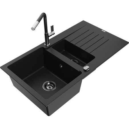 Mexen Matias granitový dřez 1,5-komorový s odkapávačem a kuchyňskou baterií Flora, černý - 6502-77-670401-07-B