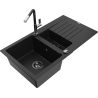 Mexen Matias granitový dřez 1,5-komorový s odkapávačem a kuchyňskou baterií Flora, černý - 6502-77-670401-07-B