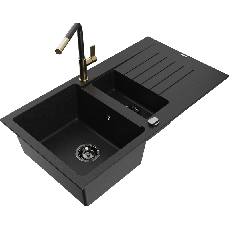 Mexen Matias granitový dřez 1,5-komorový s odkapávačem a kuchyňskou baterií Flora, černý - 6502-77-670401-57-B