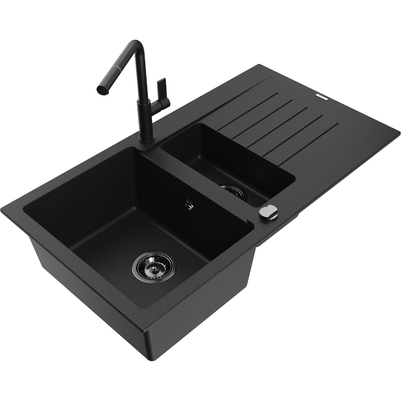 Mexen Matias granitový dřez 1,5-komorový s odkapávačem a kuchyňskou baterií Flora, černý - 6502-77-670401-70-B