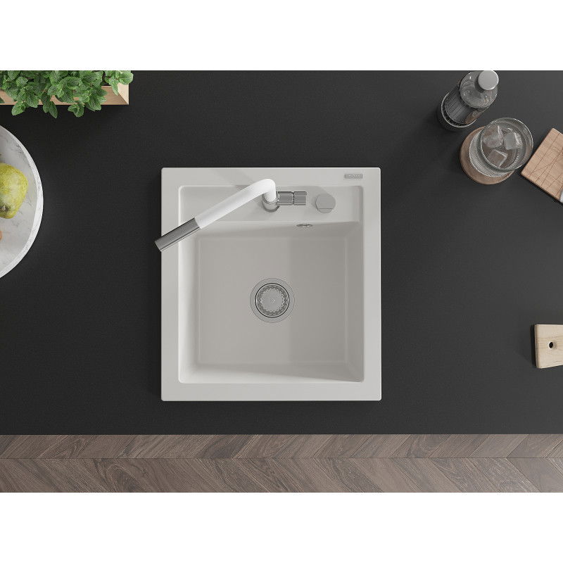Mexen Vito žulový dřez s 1 komorou a kuchyňskou baterií Flora, bílý - 6503-20-670401-02