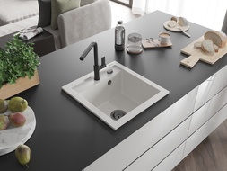 Mexen Vito granitový dřez 1-komorový s kuchyňskou baterií Flora, bílý - 6503-20-670401-70-B