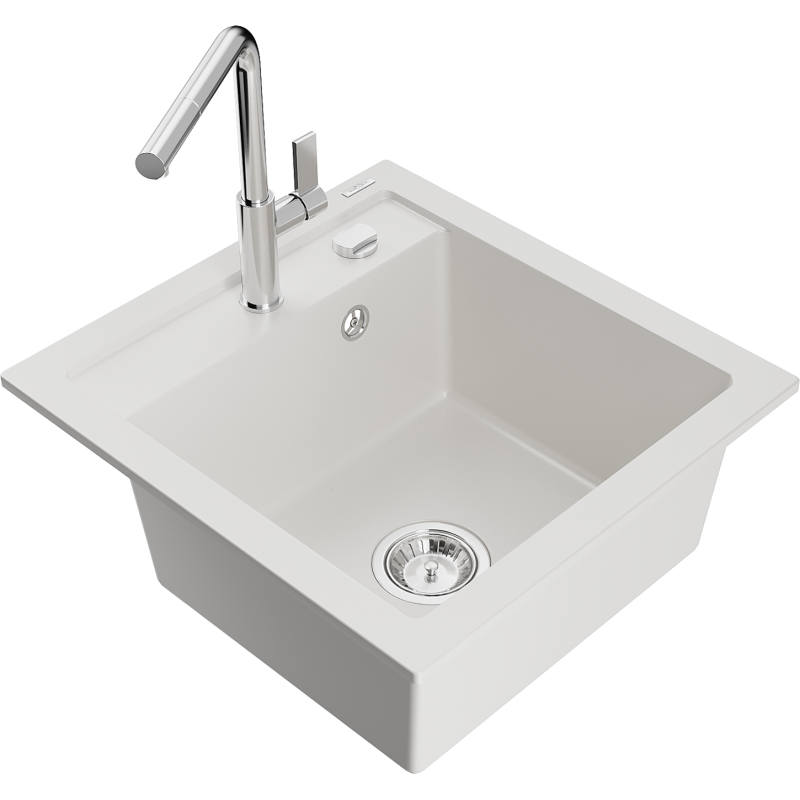 Mexen Vito granitový dřez 1-komorový s kuchyňskou baterií Flora, bílý - 6503-20-670401-00