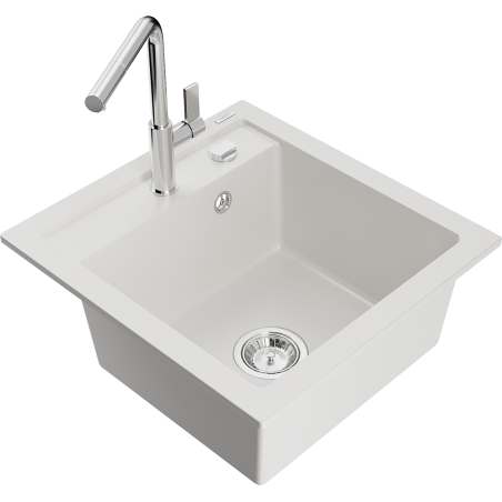 Mexen Vito granitový dřez 1-komorový s kuchyňskou baterií Flora, bílý - 6503-20-670401-00