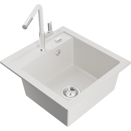 Mexen Vito žulový dřez s 1 komorou a kuchyňskou baterií Flora, bílý - 6503-20-670401-02
